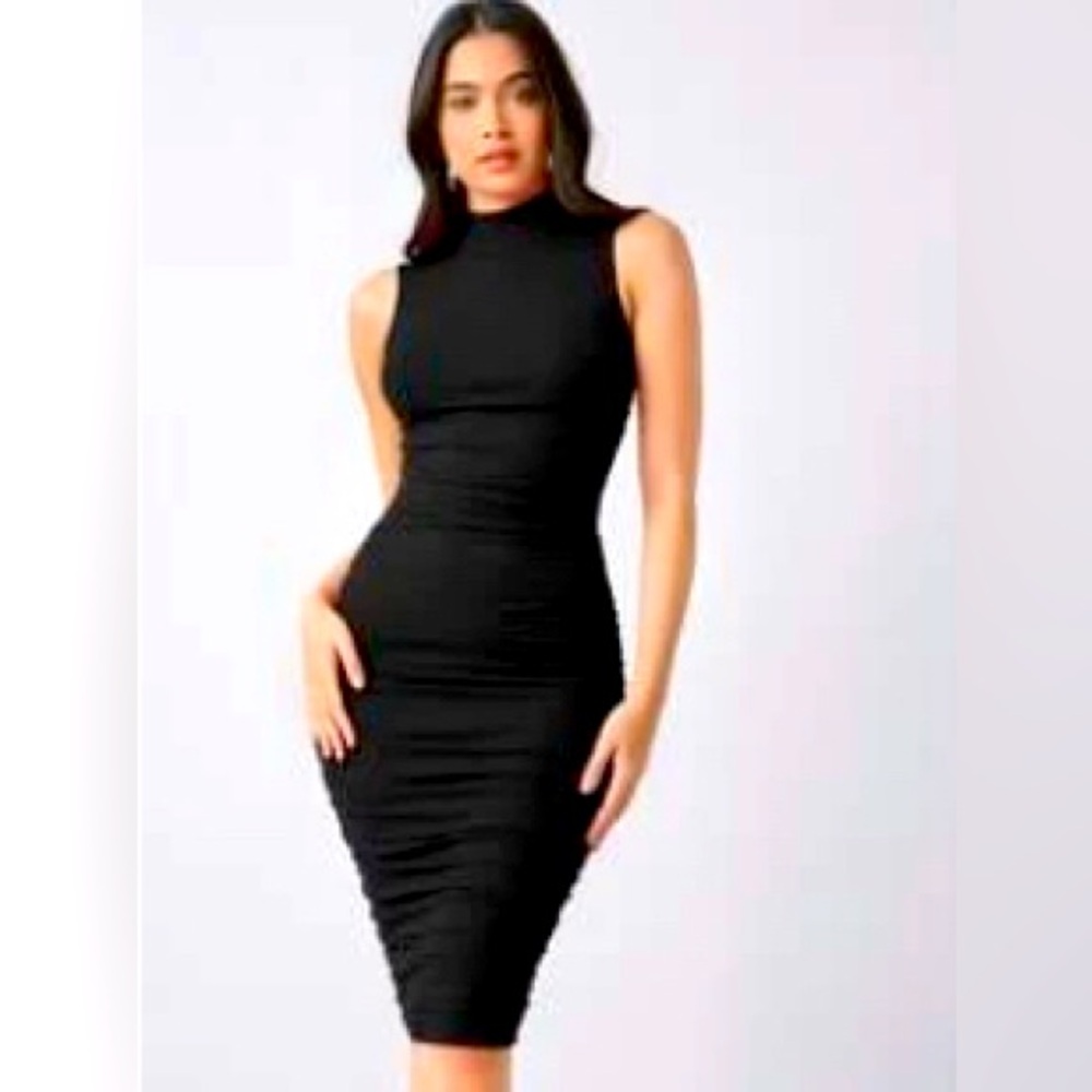 - Mock neck black midi dress